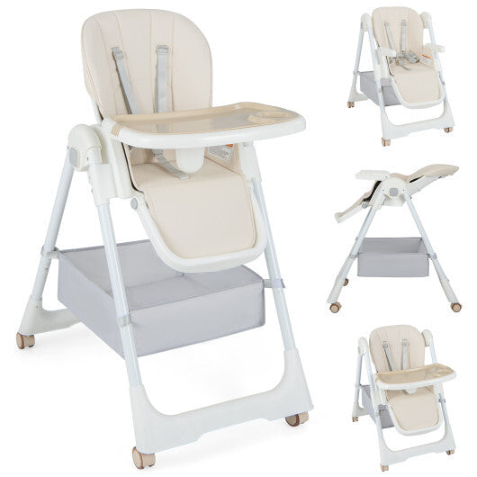 Convertible High Chair with Reclining Backrest for Babies and Toddlers-Beige - Color: Beige - Minihomy