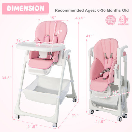 Convertible Infant Dining Chair with 5 Backrest and 3 Footrest Positions-Pink - Color: Pink - Minihomy