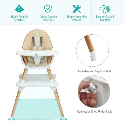 5-in-1 Baby Wooden Convertible High Chair -Khaki - Color: Beige - Minihomy