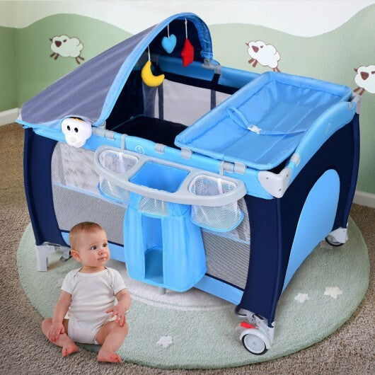 Foldable Baby Crib Playpen with Mosquito Net and Bag-Blue - Color: Blue - Minihomy