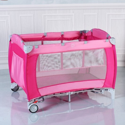 Foldable Baby Crib Playpen with Mosquito Net and Bag-Pink - Color: Pink - Minihomy