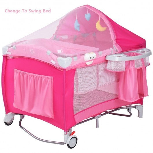 Foldable Baby Crib Playpen with Mosquito Net and Bag-Pink - Color: Pink - Minihomy