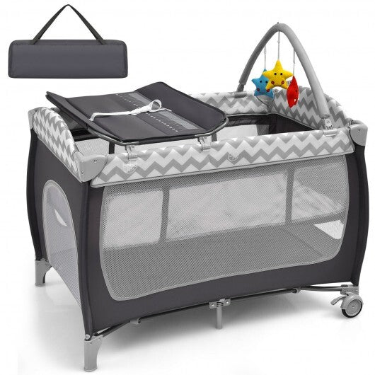 3-in-1 Portable Baby Playard with Zippered Door and Toy Bar-Gray - Color: Gray - Minihomy