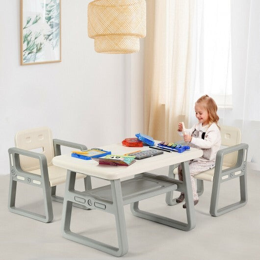 Kids Table and 2 Chairs Set with Storage Shelf-White - Minihomy