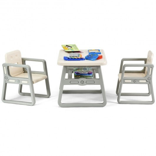 Kids Table and 2 Chairs Set with Storage Shelf-White - Minihomy