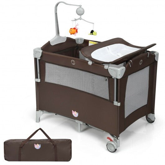 5-in-1  Portable Baby Beside Sleeper Bassinet Crib Playard with Diaper Changer-Brown - Color: Brown - Minihomy