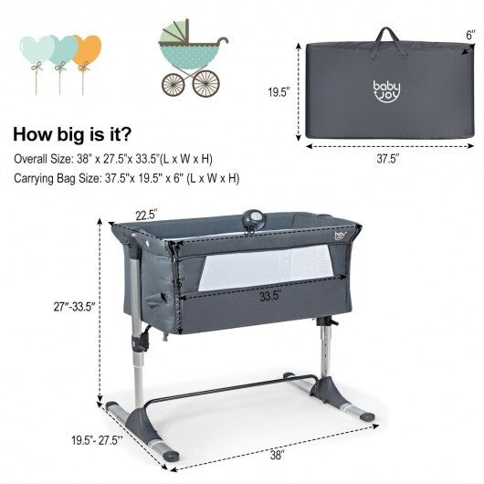 Height Adjustable Baby Side Crib  with Music Box & Toys-Dark Gray - Color: Dark Gray - Minihomy