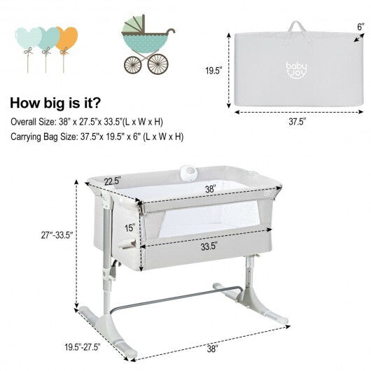 Height Adjustable Baby Side Crib  with Music Box & Toys-Light Gray - Color: Light Gray - Minihomy