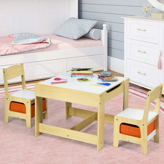 Kids Table Chairs Set With Storage Boxes Blackboard Whiteboard Drawing-Natural - Color: Natural - Minihomy