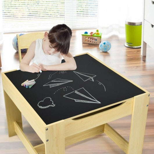 Kids Table Chairs Set With Storage Boxes Blackboard Whiteboard Drawing-Natural - Color: Natural - Minihomy