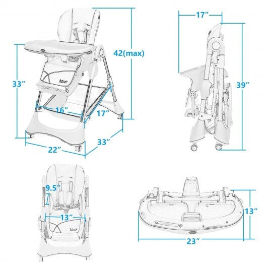 A-Shaped High Chair with 4 Lockable Wheels-Gray - Color: Gray - Minihomy