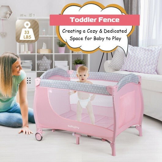 Foldable Safety  Baby Playard for Toddler Infant with Changing Station-Pink - Color: Pink - Minihomy