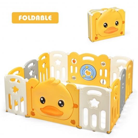 12-Panel Foldable Baby Playpen with Sound - Color: Yellow - Size: 12-Panel - Minihomy