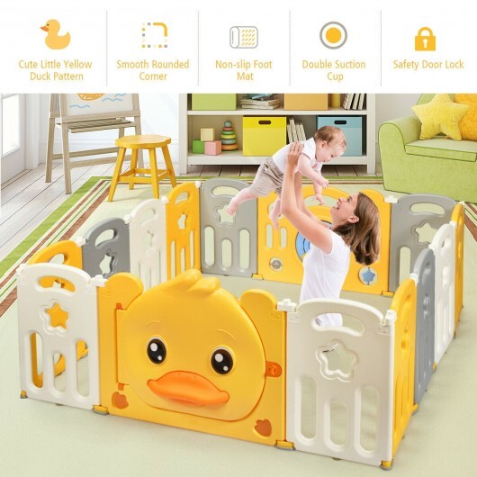 16-Panel Foldable Baby Playpen with Sound - Color: Yellow - Size: 16-Panel - Minihomy