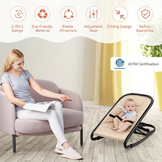 2-in-1 Adjustable Baby Bouncer and Rocker-Beige - Color: Beige - Minihomy