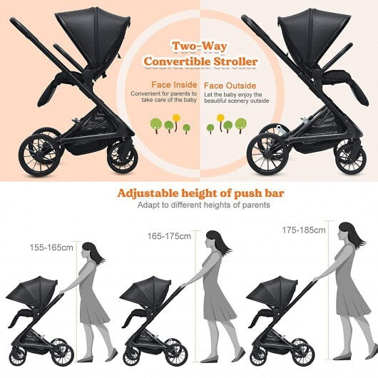 2-in-1 Convertible Baby Stroller with Oversized Storage Basket - Color: Black - Minihomy