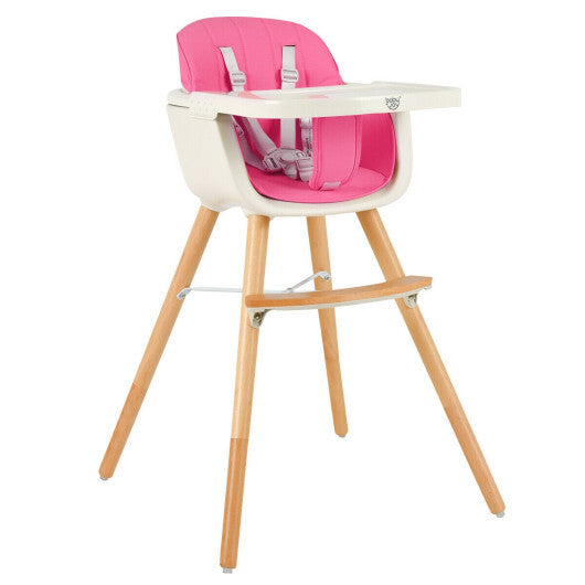 3-in-1 Convertible Wooden High Chair with Cushion-Pink - Color: Pink - Minihomy