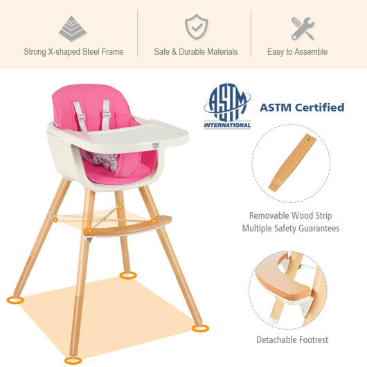 3-in-1 Convertible Wooden High Chair with Cushion-Pink - Color: Pink - Minihomy