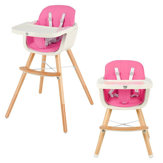 3-in-1 Convertible Wooden High Chair with Cushion-Pink - Color: Pink - Minihomy