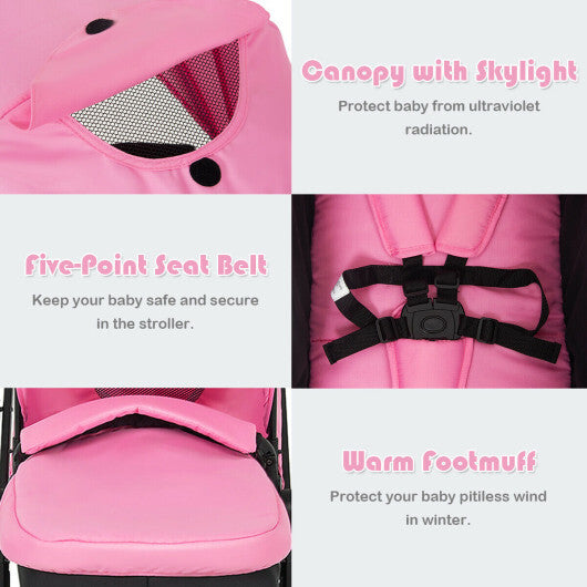 2-in-1 Foldable Pushchair Newborn Infant Baby Stroller-Pink - Color: Pink - Minihomy