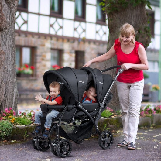 Foldable Lightweight Front Back Seats Double Baby Stroller-Black - Color: Black - Minihomy