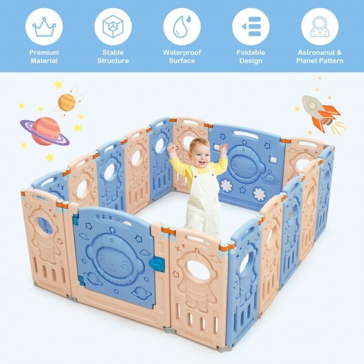 16-Panel Foldable Playpen Kids Activity Center with Lockable Door - Color: Pink & Blue - Size: 16-Panel - Minihomy