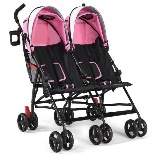 Foldable Twin Baby Double Stroller Ultralight Umbrella Kids Stroller-Pink - Color: Pink - Minihomy