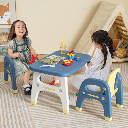 Kids Table and 2 Chairs Set with Storage Shelf and Building Blocks-Blue - Color: Blue - Minihomy