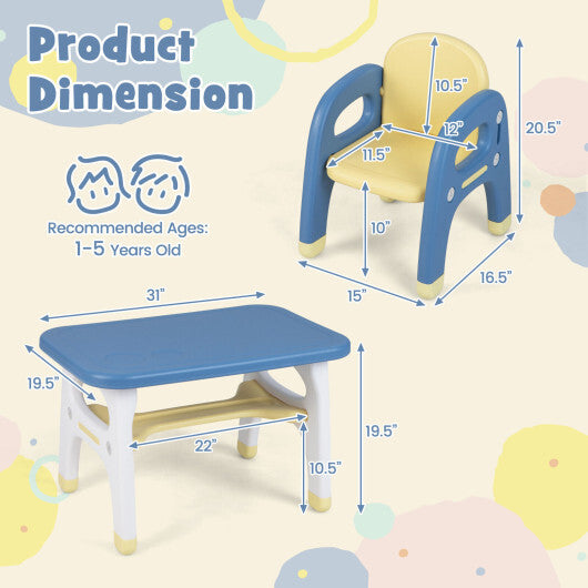 Kids Table and 2 Chairs Set with Storage Shelf and Building Blocks-Blue - Color: Blue - Minihomy