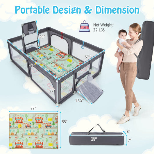 Large Baby Playpen with Mat and Ocean Balls-Dark gray - Color: Dark Gray - Minihomy