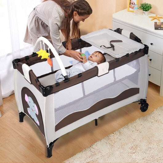 Baby Crib Playpen Playard Pack Travel Infant Bassinet Bed Foldable 4 color-COFFEE - Color: Dark Brown - Minihomy