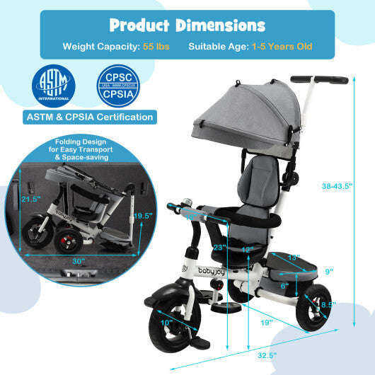 Folding Tricycle Baby Stroller with Reversible Seat and Adjustable Canopy-Gray - Color: Gray - Minihomy