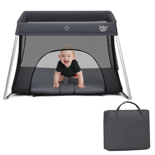 Lightweight Foldable Baby Playpen w/ Carry Bag-Dark Gray - Color: Dark Gray - Minihomy