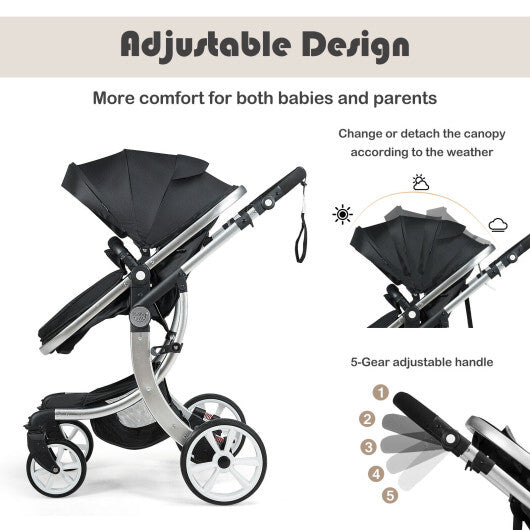 Folding Aluminum Infant Reversible Stroller with Diaper Bag-Black - Color: Black - Minihomy