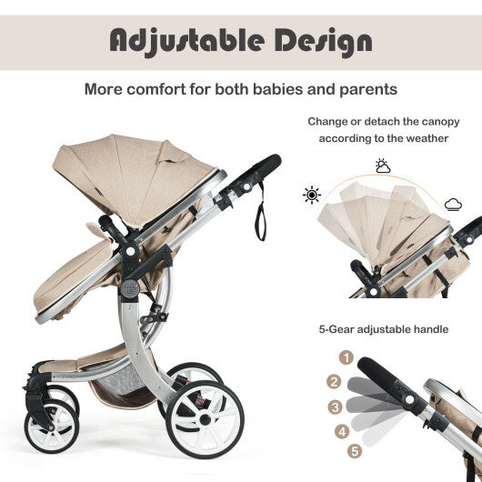 Folding Aluminum Infant Reversible Stroller with Diaper Bag-Beige - Color: Beige - Minihomy