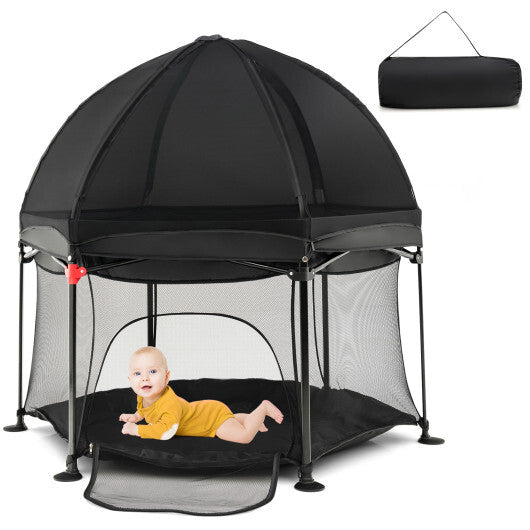 53 Inch Outdoor Baby Playpen with Canopy and Carrying Bag Portable Play Yard Toddlers-Black - Color: Black - Minihomy