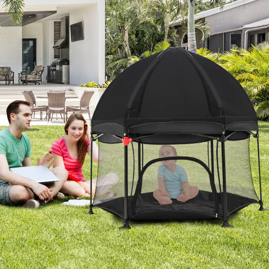 53 Inch Outdoor Baby Playpen with Canopy and Carrying Bag Portable Play Yard Toddlers-Black - Color: Black - Minihomy