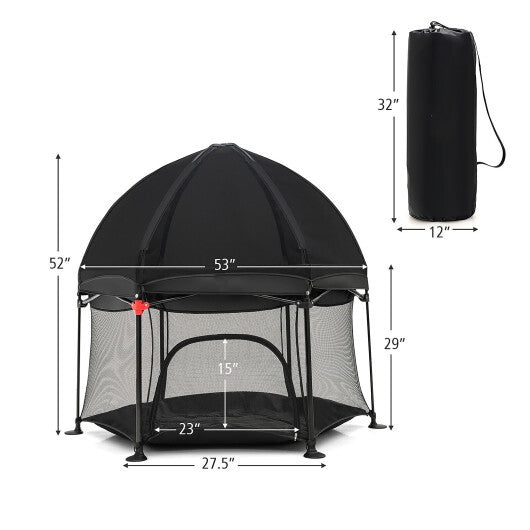 53 Inch Outdoor Baby Playpen with Canopy and Carrying Bag Portable Play Yard Toddlers-Black - Color: Black - Minihomy