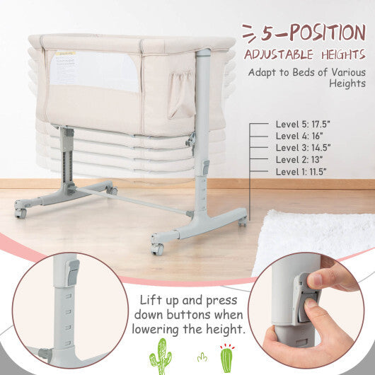 Portable Baby Bedside Bassinet with 5-level Adjustable Heights and Travel Bag-Beige - Color: Beige - Minihomy