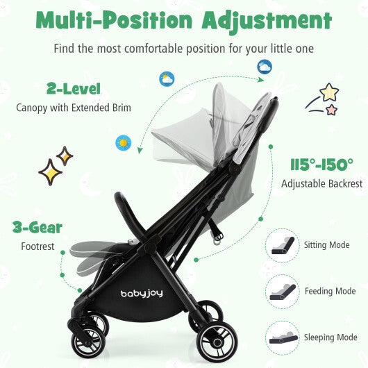 One-Hand Folding Portable Lightweight Baby Stroller with Aluminum Frame-Gray - Color: Gray - Minihomy