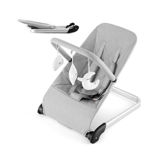 Foldable Baby Bouncer with Removable Fabric Cover and Toy Bar-Gray - Color: Gray - Minihomy