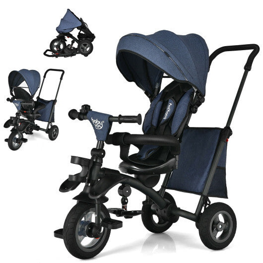 7-In-1 Baby Folding Tricycle Stroller with Rotatable Seat-Blue - Color: Blue - Minihomy