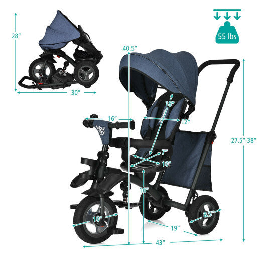 7-In-1 Baby Folding Tricycle Stroller with Rotatable Seat-Blue - Color: Blue - Minihomy