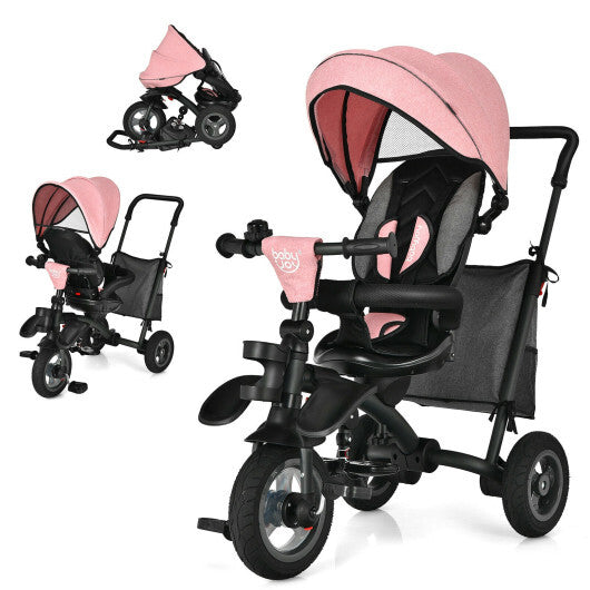 7-In-1 Baby Folding Tricycle Stroller with Rotatable Seat-Pink - Color: Pink - Minihomy