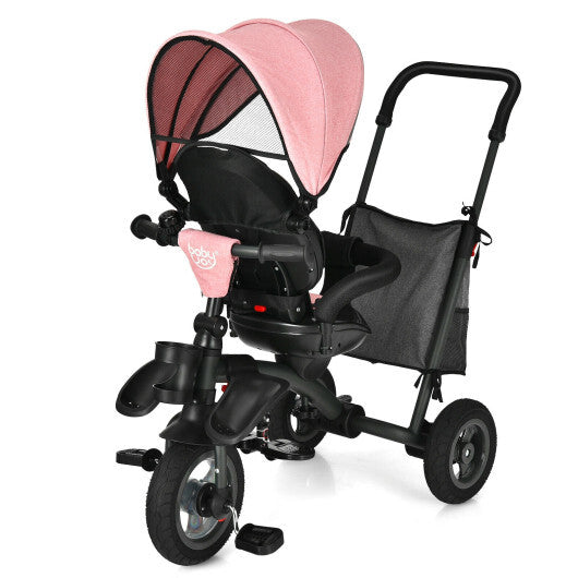 7-In-1 Baby Folding Tricycle Stroller with Rotatable Seat-Pink - Color: Pink - Minihomy