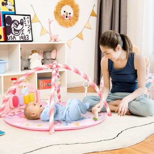 Baby Activity Play Piano Gym Mat with 5 Hanging Sensory Toys-Pink - Color: Pink - Minihomy