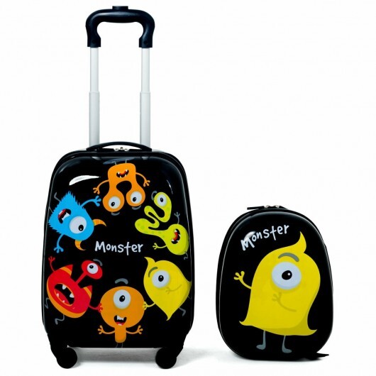 2 pcs Kids Luggage Set 12" Backpack & 16" Rolling Suitcase - Color: Black - Minihomy