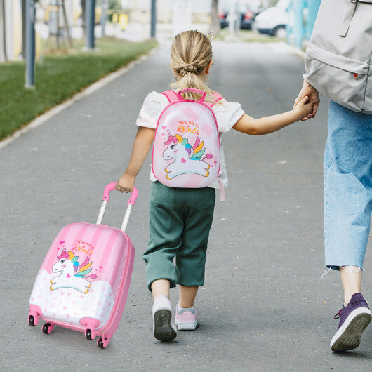 2 Pieces 12 Inch 16 Inch Kids Luggage Set with Backpack and Suitcase for Travel-Lovely Unicorn - Color: Pink - Minihomy