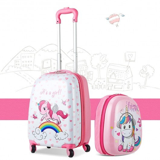 2 Pieces Kids Luggage Set 12 Inch Backpack and 16 Inch Kid Carry on Suitcase with Wheels - Color: Pink - Minihomy