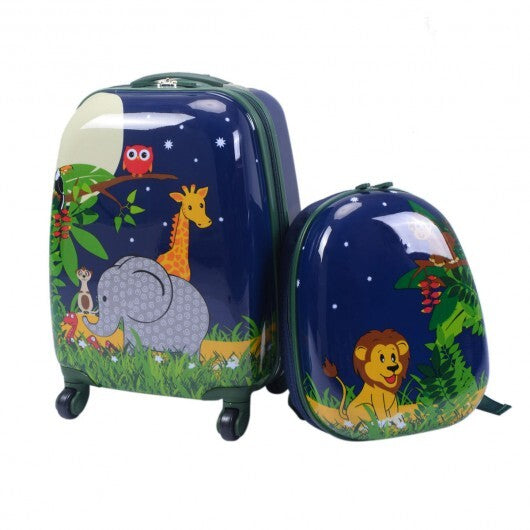 2 Pieces 12 Inch and 16 Inch Kids Carry on Suitcase Rolling Backpack School Luggage Set - Color: Dark Blue - Minihomy